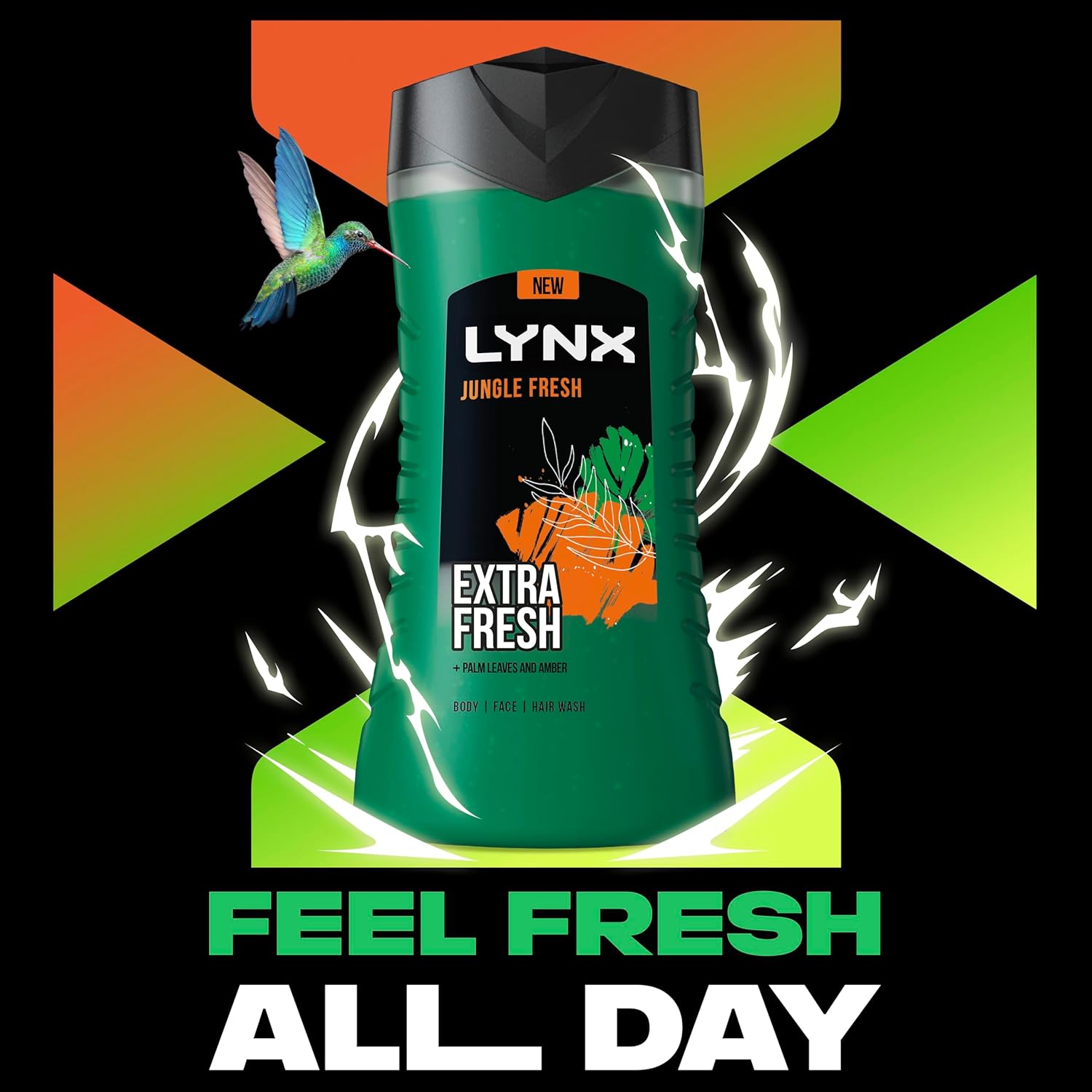 Lynx Jungle Fresh 3-in-1 Body Wash Hair, Face and Body Cleanser shower gel with a palm leaf & amber scent for men 6x 225 ml-6