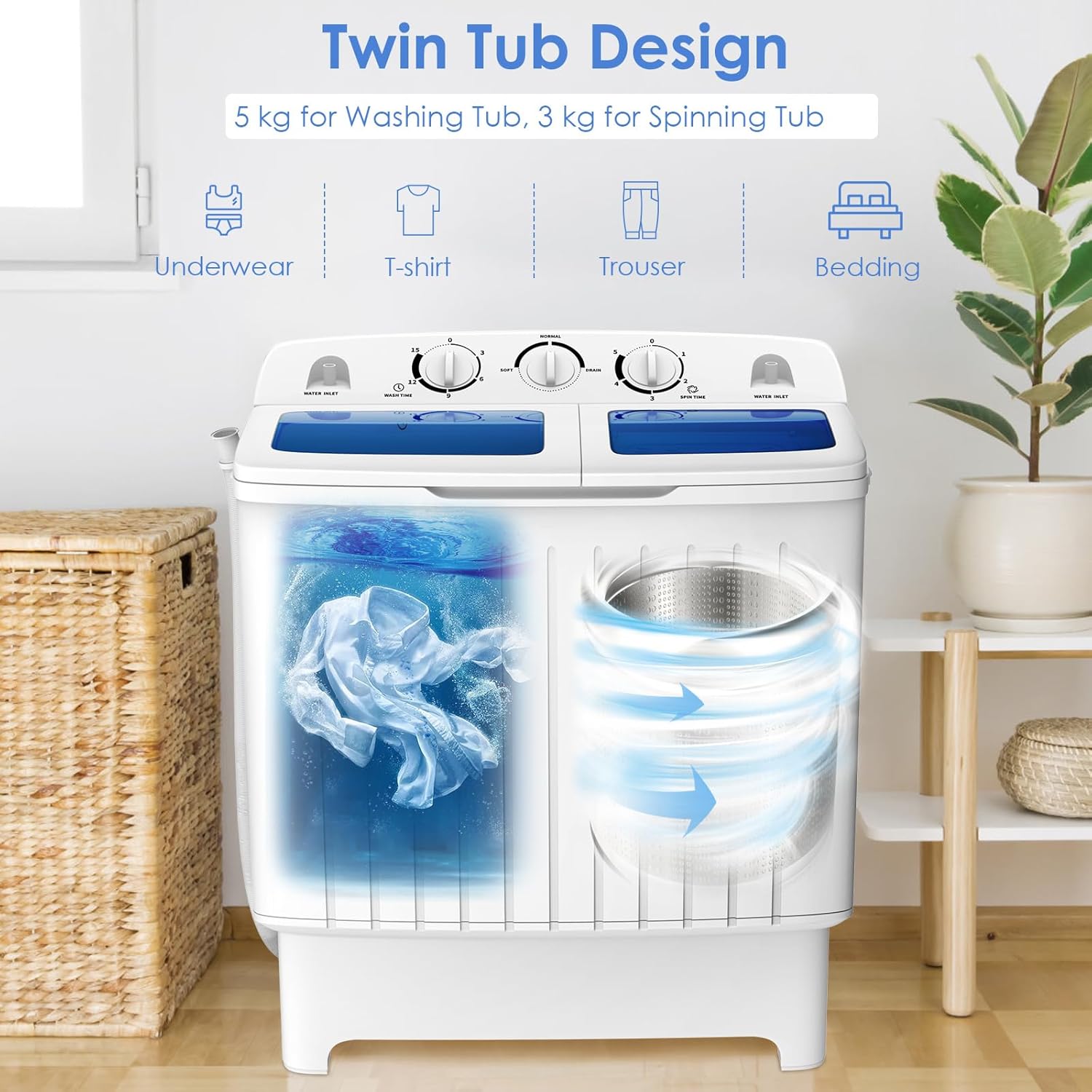 TANGZON Twin Tub Washing Machine, 8KG Portable Washing Machine and Spin Dryer Combo with Timer Control & Drain Pipe, Small Washers for Camping Dorms Apartments RVs (5KG Washer 3KG Drying)-1