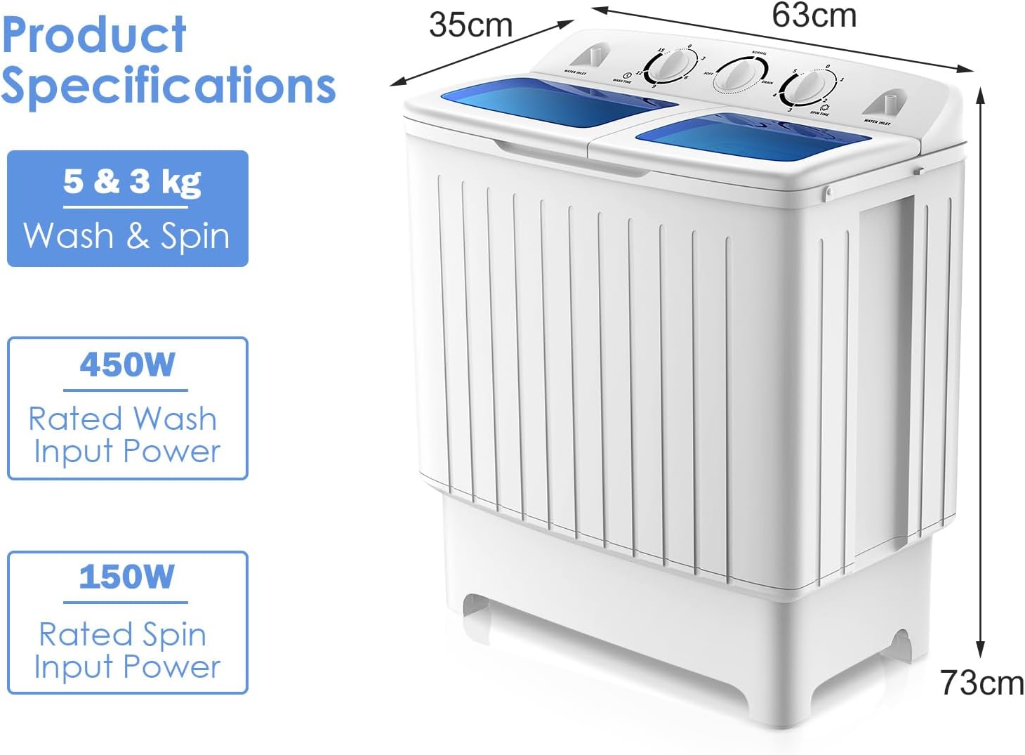 TANGZON Twin Tub Washing Machine, 8KG Portable Washing Machine and Spin Dryer Combo with Timer Control & Drain Pipe, Small Washers for Camping Dorms Apartments RVs (5KG Washer 3KG Drying)-5