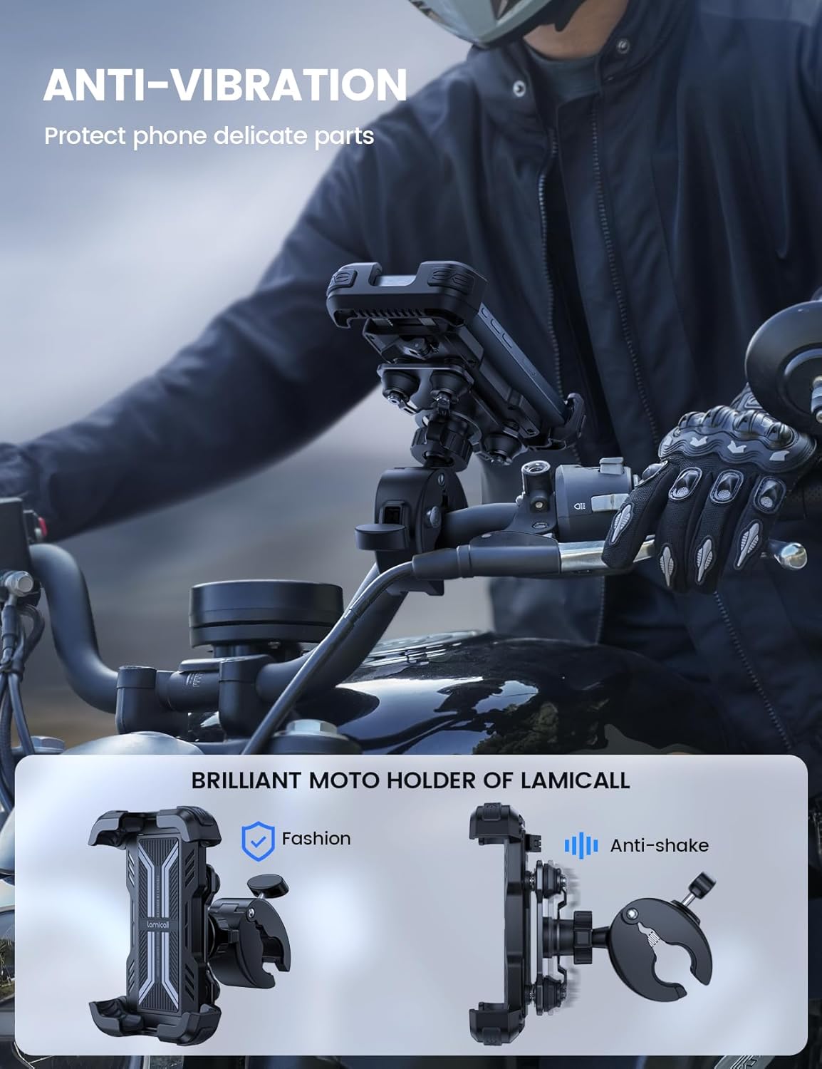 Lamicall Motorbike Phone Holder [Dual Anti-Shock] - 2024 Motorcycle Phone Mount, Universal Bike Phone Holder for iPhone 16 15 14 13 12 11 Pro Max Plus Mini, Samsung S23, 4.7-6.7" Phone - Black-1