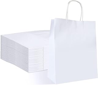 Oungy 50 Pcs White Paper Bags with Handles, 21x27x11cm Medium Gift Bags, Durable Thicker Kraft Paper Carrier Bags for Shopping Retail Boutique Birthday Wedding Party DIY