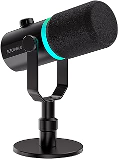 Feelworld PM1 XLR/USB Dynamic Microphone for Podcast Recording, Gaming PC Computer Mic with RGB Light, Mute, Headphones Jack, Desktop Stand, XLR Cable for Studio YouTube VoiceOver