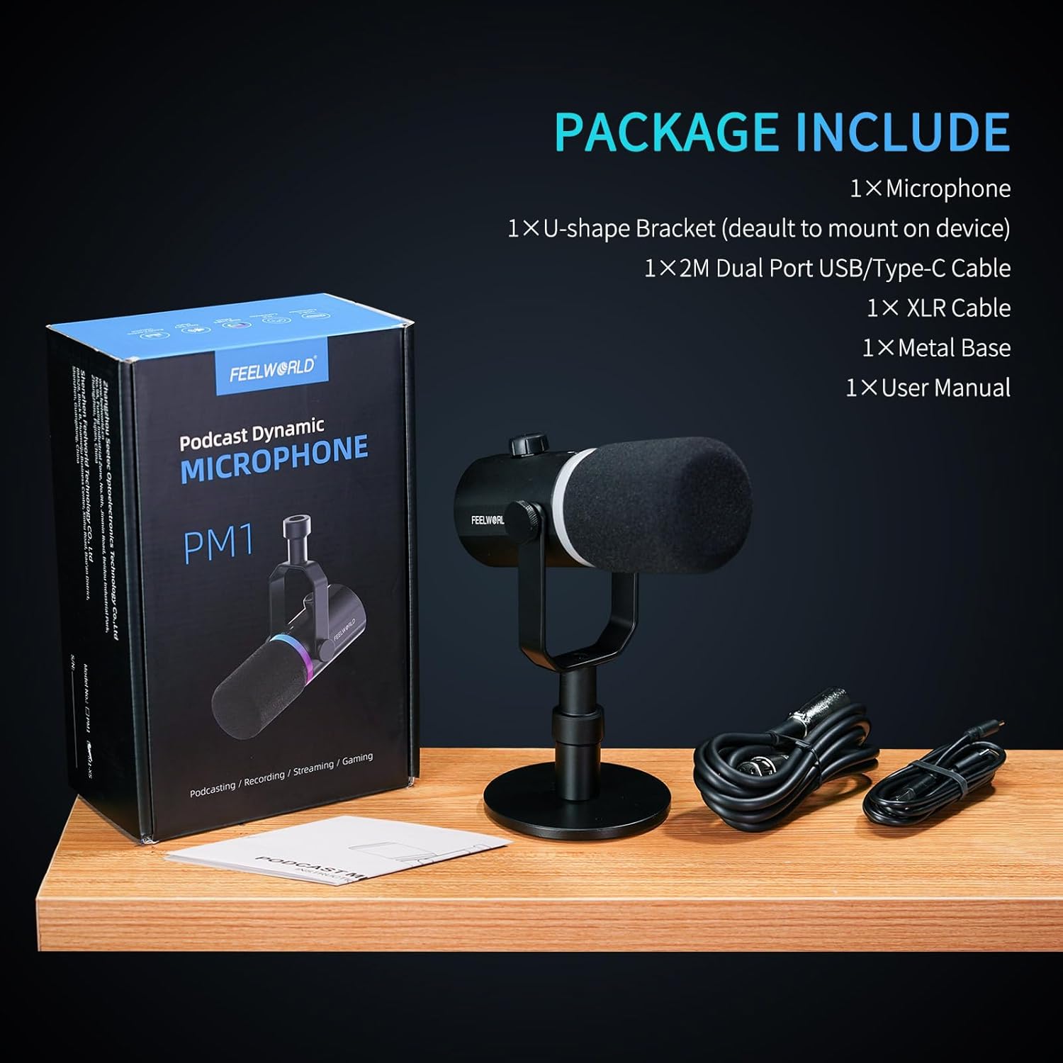 Feelworld PM1 XLR/USB Dynamic Microphone for Podcast Recording, Gaming PC Computer Mic with RGB Light, Mute, Headphones Jack, Desktop Stand, XLR Cable for Studio YouTube VoiceOver-8