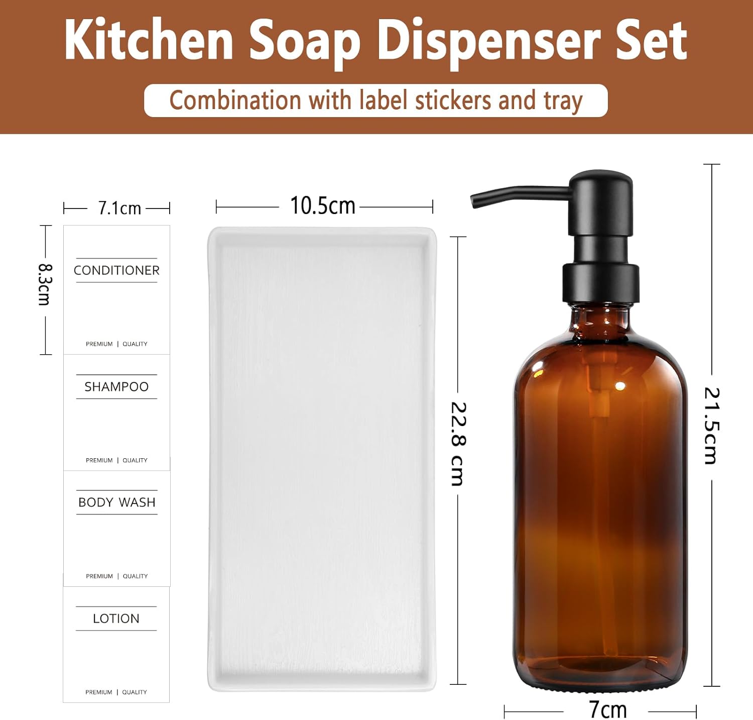 GMISUN Amber Glass Soap Dispensers with Tray, Gorgeous Glass Soap Dispenser Bottle with Pump,Refillable Amber Glass Bottles Set for Kitchen and Bathroom with Labels - 500ml-1