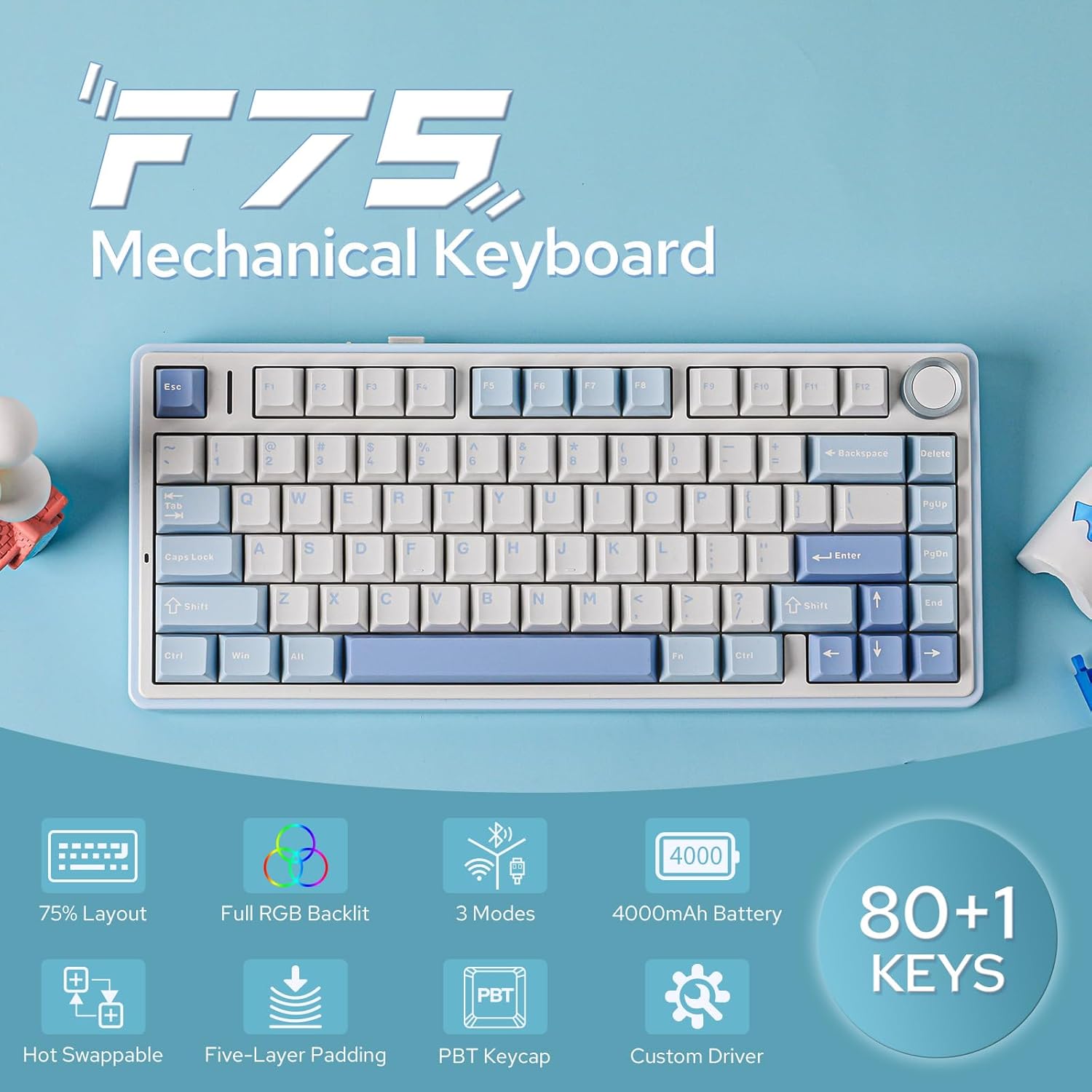 EPOMAKER x AULA F75 Gasket Mechanical Keyboard, 75% Wireless Gaming Keyboard with Five-Layer Padding&Knob, Bluetooth/2.4GHz/USB-C Hot Swappable Keyboard, NKRO, RGB (Sea Salt Blue, Graywood V3 Switch)-1