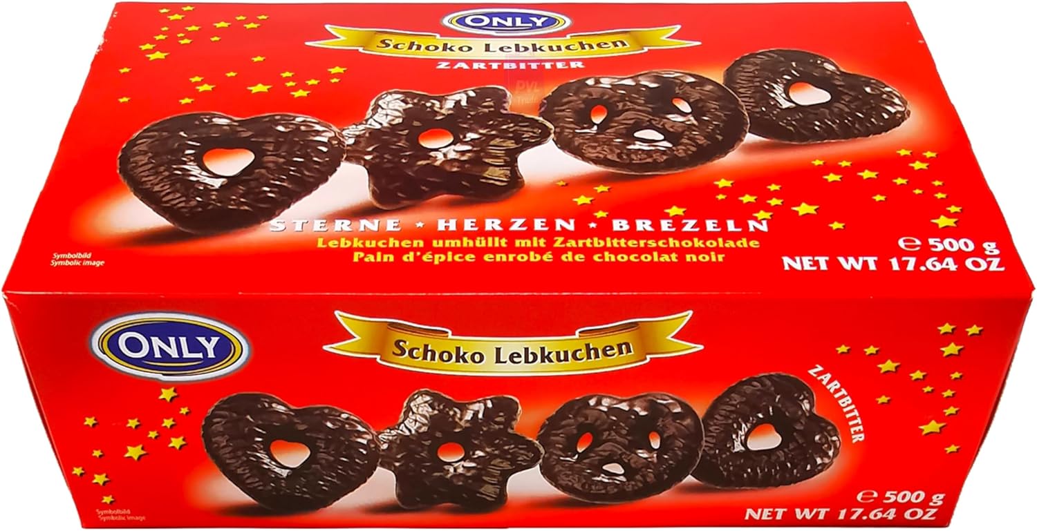 Dark Chocolate Lebkuchen in Stars, hearts & pretzels shapes 500g - German Gingerbreads coated with Dark Chocolate-1