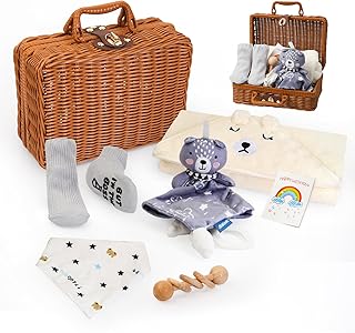 Elekin Newborn Baby Presents, Newborn Baby Essentials for Boys and Girls, Baby Shower Presents, 7 in 1 with Blanket, Wooden Rattle Toy, Socks, Baby Saliva Bag, Baby Soothing Toy