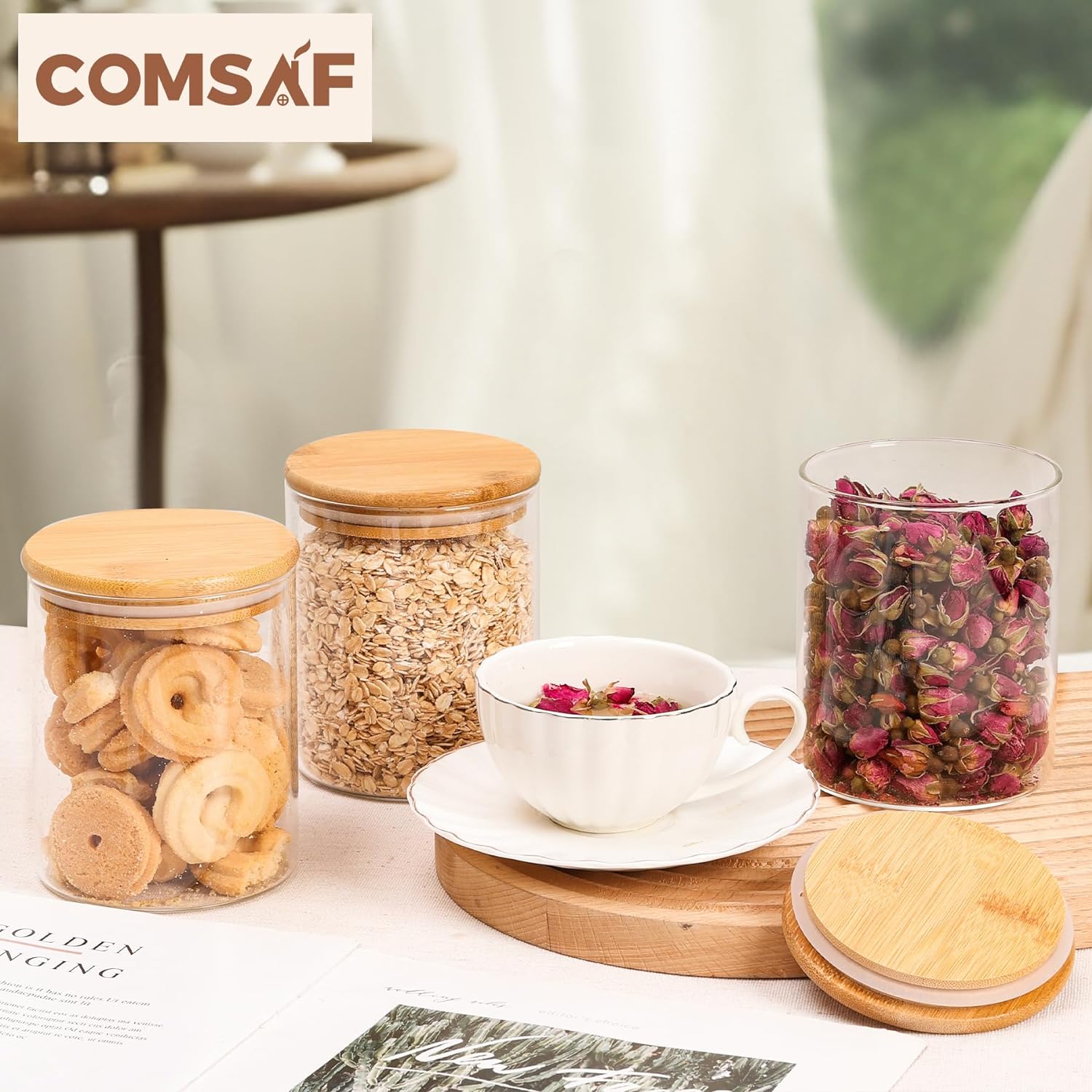 ComSaf 25oz/750ml Glass Food Storage Jars Set of 6, Clear Glass Storage Containers with Bamboo Lids, Pantry Organization Jar, Spice, Tea, Coffee and Sugar Container, Small Canister Set for Kitchen-4