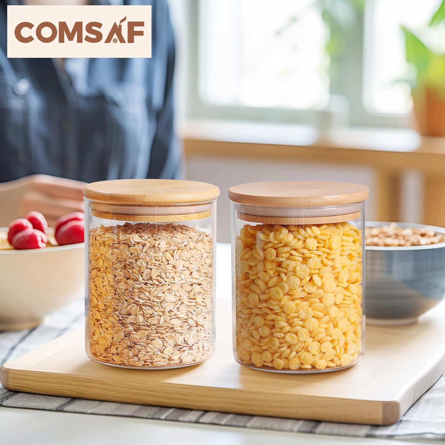 ComSaf 25oz/750ml Glass Food Storage Jars Set of 6, Clear Glass Storage Containers with Bamboo Lids, Pantry Organization Jar, Spice, Tea, Coffee and Sugar Container, Small Canister Set for Kitchen-6