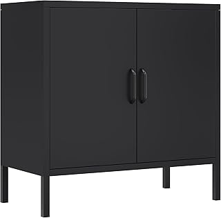 YITAHOME Metal Storage Cabinets with 2 Doors & 1 Adjustable Shelf, Floor Standing Sideboard Cupboard, Storage Cupboard for Home Office, Bedroom, Bathroom, Living Room, Black