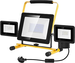 Viugreum 100w Led Work Light with Plug 8000LM 6500k Outdoor Lights Mains Powered 3 Adjustable Heads IP65 Flood Lights Outdoor Portable Construction Light with Stand / 3m Cable for Workshop Garage