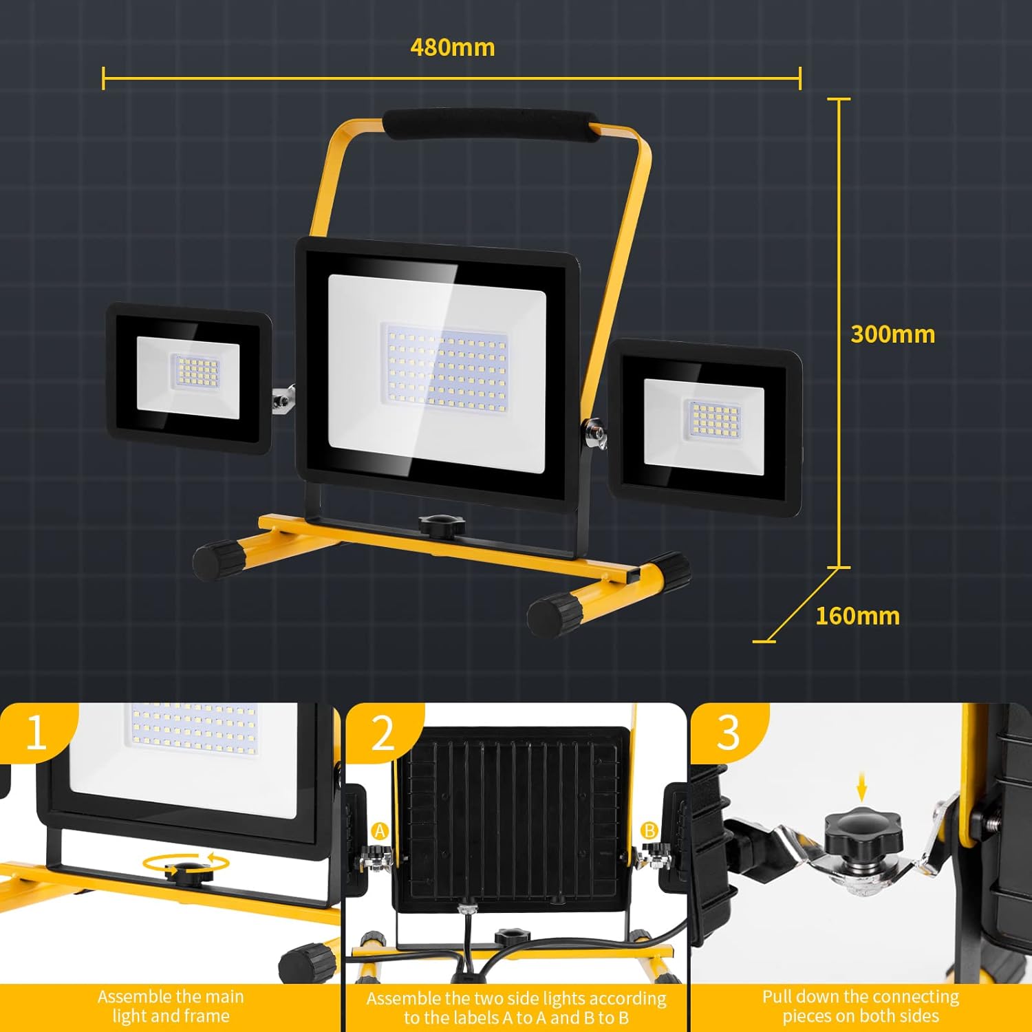 Viugreum 100w Led Work Light with Plug 8000LM 6500k Outdoor Lights Mains Powered 3 Adjustable Heads IP65 Flood Lights Outdoor Portable Construction Light with Stand / 3m Cable for Workshop Garage-4