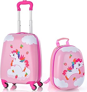 Maxmass 2PCS Kids Luggage Set, 12" & 16" Hard Shell Children Trolley Case with 4 Universal Wheels, Girls Boys Suitcase and Backpack Set for Travel (Pink, Unicorn)