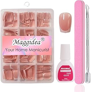 Maggidea French Press on Nails Set, 240Pcs Fake Nails French Tip Nude Color False Nail Glossy Full Cover Glue on Nails Ballerina Nail Art Manicure Decorations for Girls Women (French-Short Ballerina)