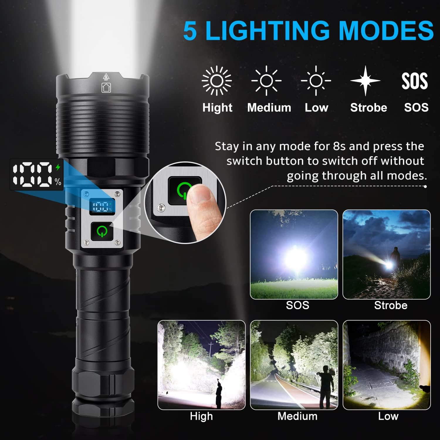 WHTOHY Rechargeable LED Torch, Super Bright Torches LED 90000 Lumen, Hight Power 5 Modes USB Rechargeable Powerful Torch Police Tactical Flashlights LCD Power Display for Camping Hiking Emergency-2