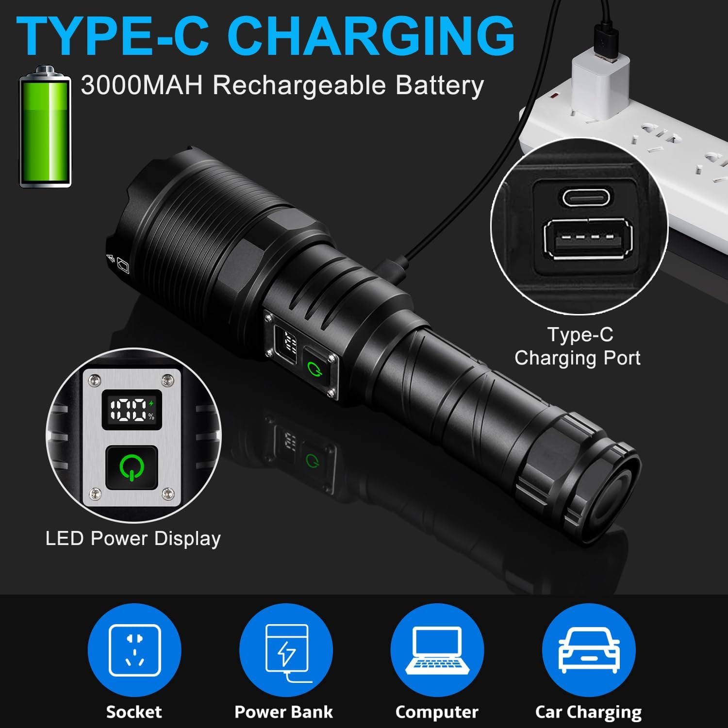 WHTOHY Rechargeable LED Torch, Super Bright Torches LED 90000 Lumen, Hight Power 5 Modes USB Rechargeable Powerful Torch Police Tactical Flashlights LCD Power Display for Camping Hiking Emergency-4