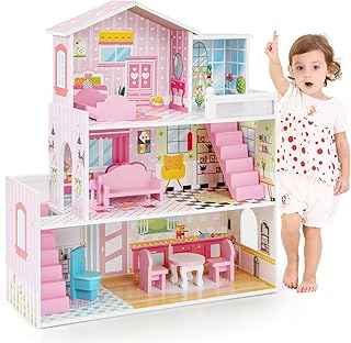 Maxmass 3-Storey Kids Dollhouse, Wooden Children Dolls House with Rich Furniture Accessories and Simulated Rooms, Large Toddlers Pretend Play DIY Dollhouse Gift for 3-7 Years Old (10 PCS, 5 Rooms)