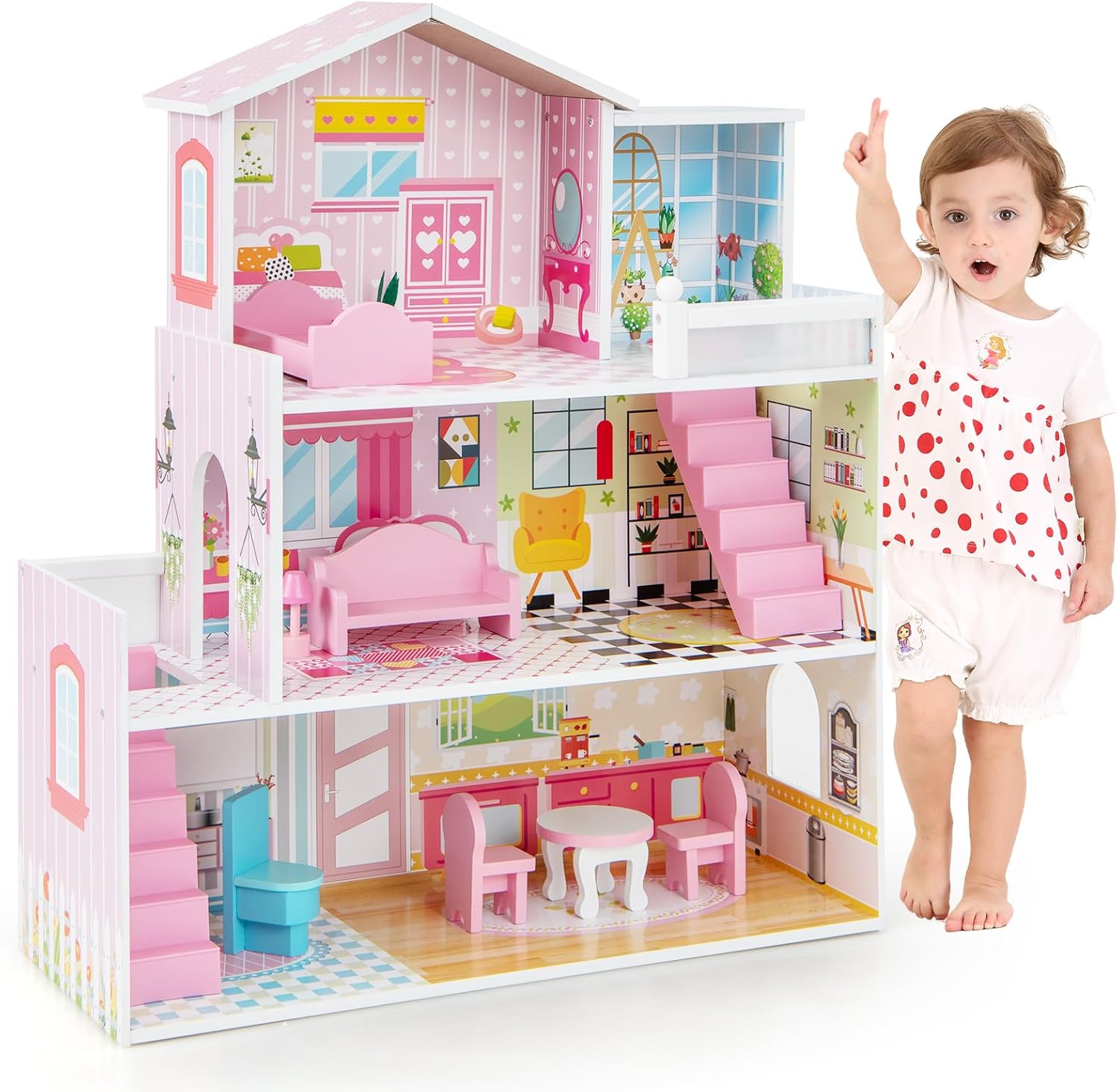 Maxmass 3-Storey Kids Dollhouse, Wooden Children Dolls House with Rich Furniture Accessories and Simulated Rooms, Large Toddlers Pretend Play DIY Dollhouse Gift for 3-7 Years Old (10 PCS, 5 Rooms)-0