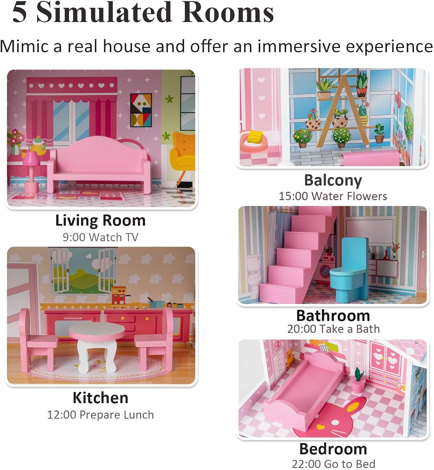 Maxmass 3-Storey Kids Dollhouse, Wooden Children Dolls House with Rich Furniture Accessories and Simulated Rooms, Large Toddlers Pretend Play DIY Dollhouse Gift for 3-7 Years Old (10 PCS, 5 Rooms)-1