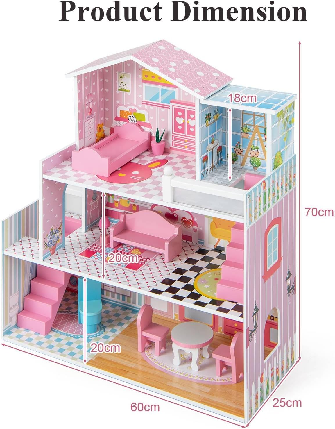 Maxmass 3-Storey Kids Dollhouse, Wooden Children Dolls House with Rich Furniture Accessories and Simulated Rooms, Large Toddlers Pretend Play DIY Dollhouse Gift for 3-7 Years Old (10 PCS, 5 Rooms)-5