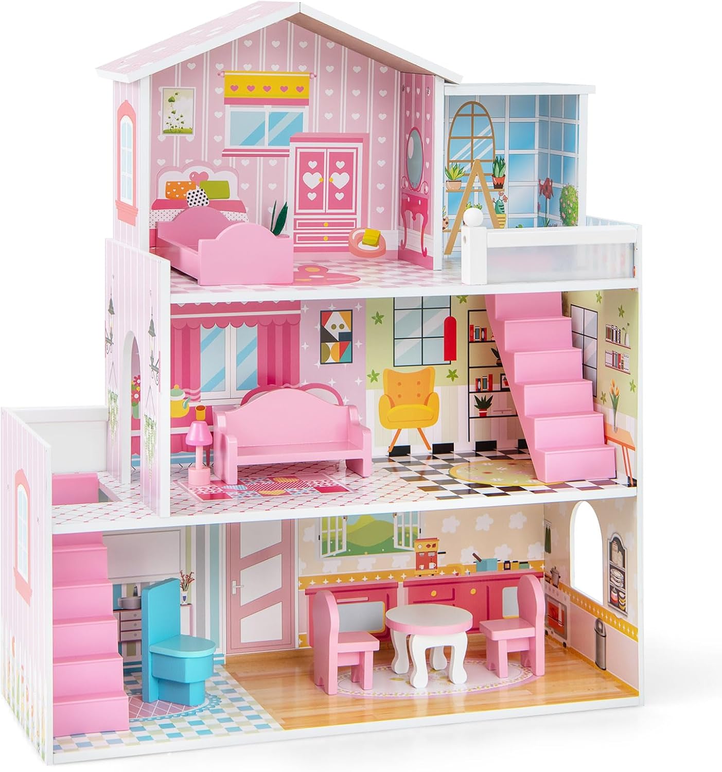 Maxmass 3-Storey Kids Dollhouse, Wooden Children Dolls House with Rich Furniture Accessories and Simulated Rooms, Large Toddlers Pretend Play DIY Dollhouse Gift for 3-7 Years Old (10 PCS, 5 Rooms)-7