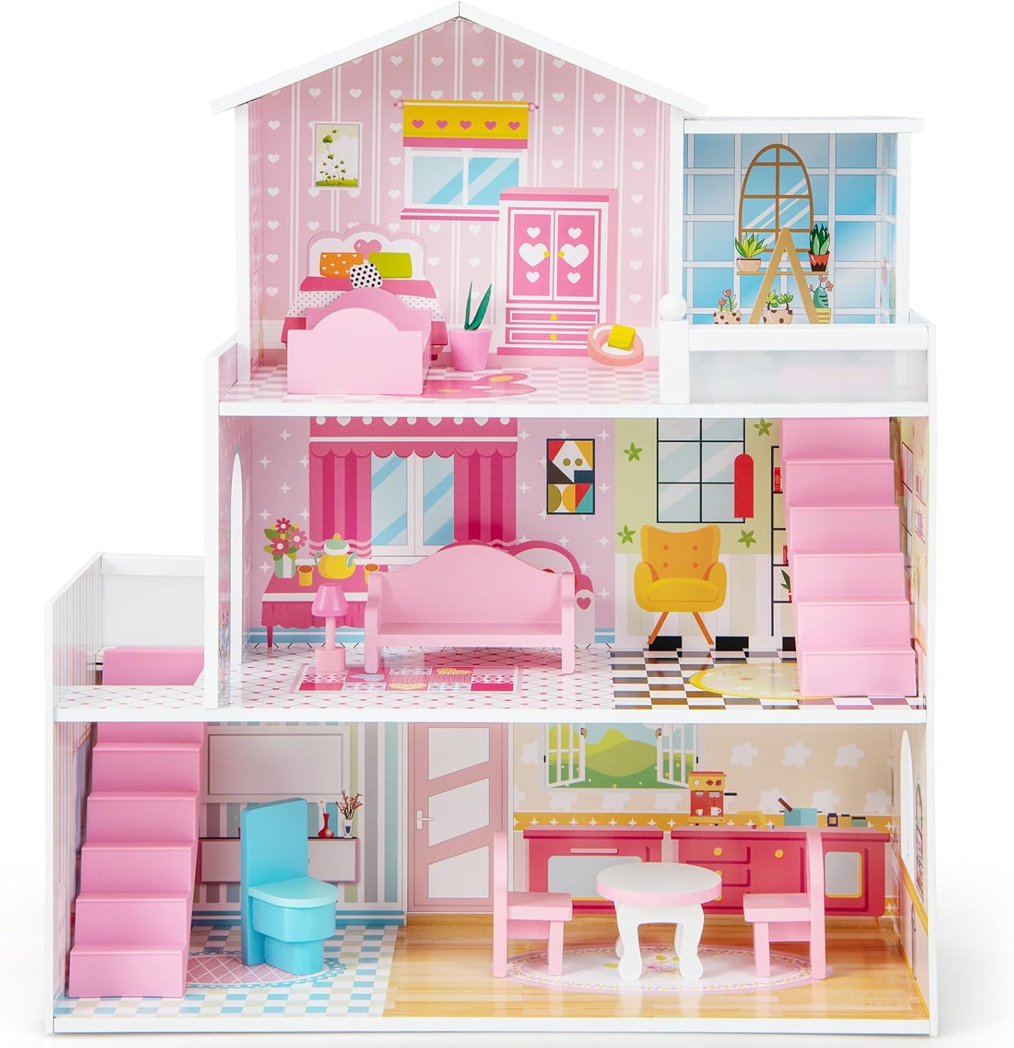 Maxmass 3-Storey Kids Dollhouse, Wooden Children Dolls House with Rich Furniture Accessories and Simulated Rooms, Large Toddlers Pretend Play DIY Dollhouse Gift for 3-7 Years Old (10 PCS, 5 Rooms)-8