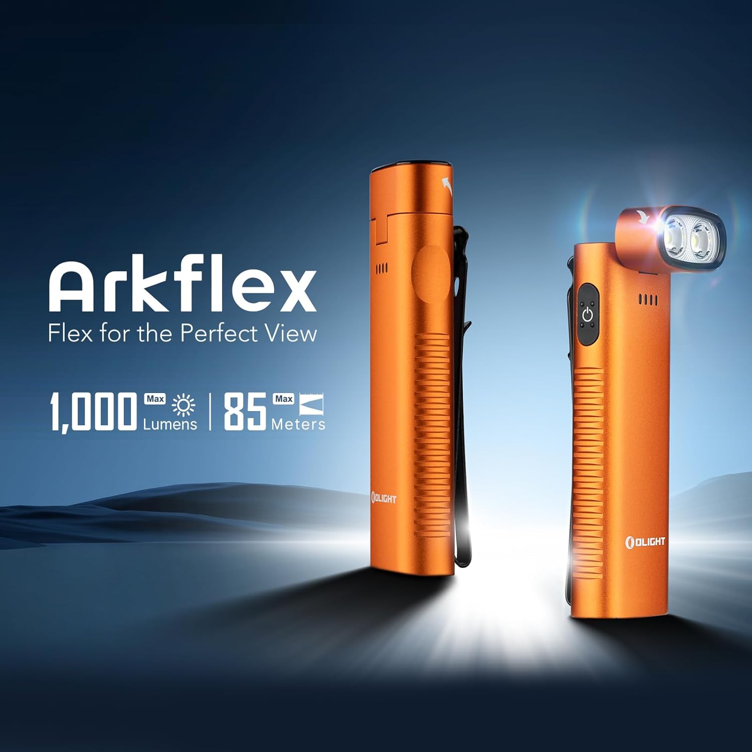 OLIGHT Arkflex Adjustable Right Angle Torch, 1000 Lumens Rechargeable Handheld Torch, Two-Way Pocket Clip EDC Light with an 0-90°Articulating Head for Working Outdoors and Repairing (Orange)-1