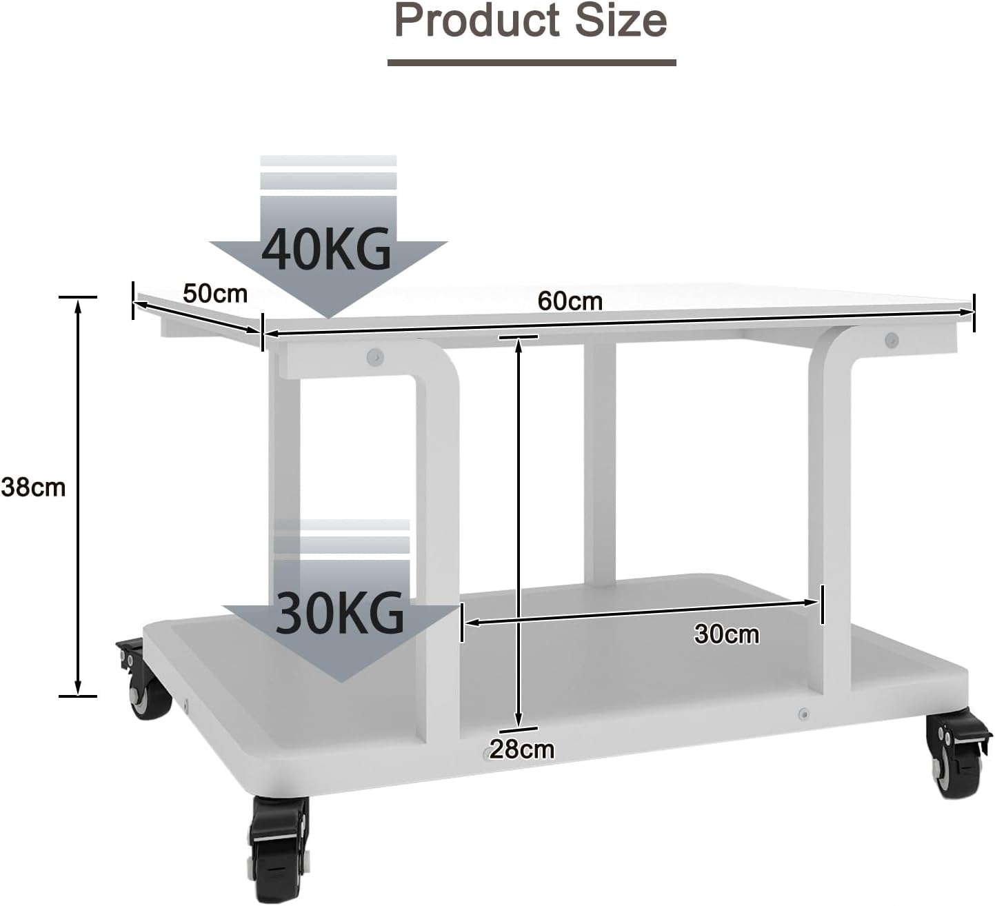 PUNCIA 2-Tier Laser Printer Stand with Storage Shelf 60x50x38cm Large Printer Table Movable Copier Stand Under Desk Heavy Duty Rolling Cart Printer Holder on Wheels for Home Office (White)-1