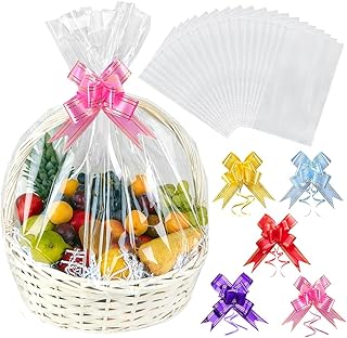 20pcs Large Clear Cellophane Basket Bags Christmas Fruit Bags, 40x31 inches Basket Wrap Bags Hamper Wrapping Bags with 20pcs Bows, for Halloween Easter Fruit Baskets and Present Packaging