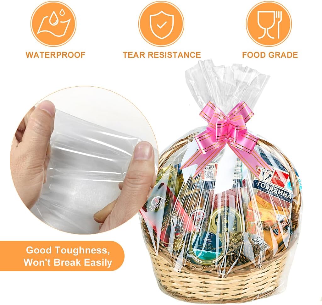 20pcs Large Clear Cellophane Basket Bags Christmas Fruit Bags, 40x31 inches Basket Wrap Bags Hamper Wrapping Bags with 20pcs Bows, for Halloween Easter Fruit Baskets and Present Packaging-2