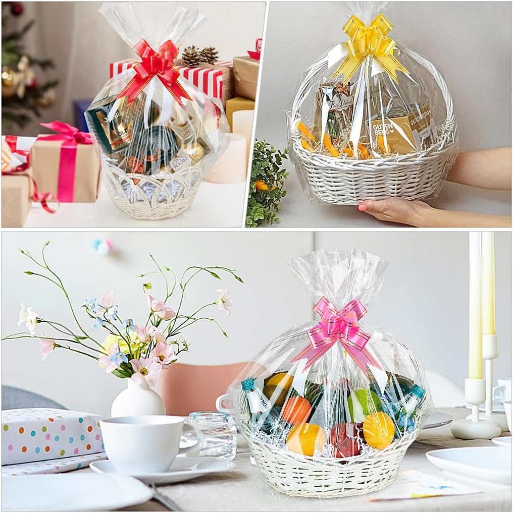 20pcs Large Clear Cellophane Basket Bags Christmas Fruit Bags, 40x31 inches Basket Wrap Bags Hamper Wrapping Bags with 20pcs Bows, for Halloween Easter Fruit Baskets and Present Packaging-4