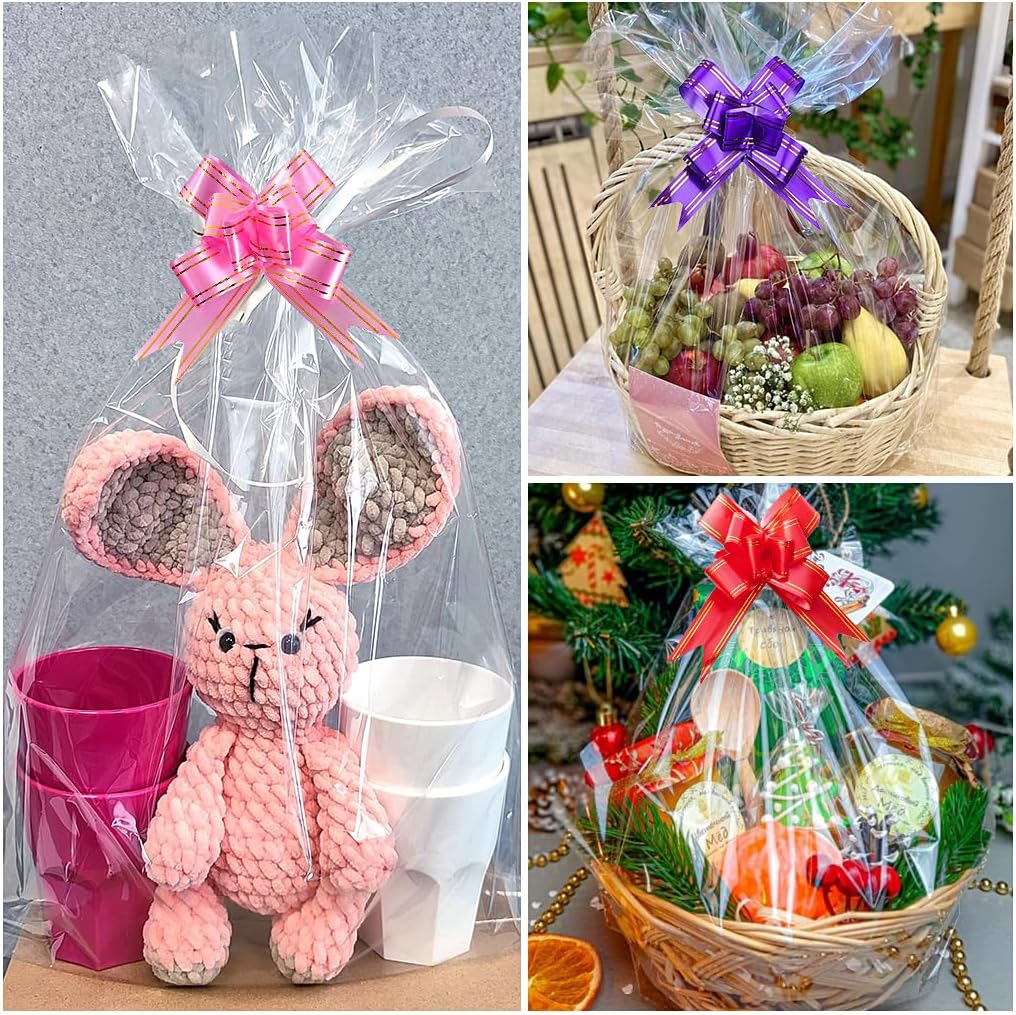 20pcs Large Clear Cellophane Basket Bags Christmas Fruit Bags, 40x31 inches Basket Wrap Bags Hamper Wrapping Bags with 20pcs Bows, for Halloween Easter Fruit Baskets and Present Packaging-5