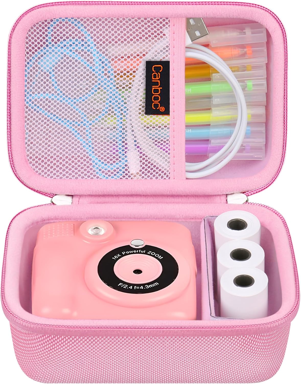 Canboc Camera Case Compatible with ESOXOFFORE/GKTZ/WEEFUN Instant Print Camera, Toddler Digital Video Cameras Bag fit Print Paper, Colorful Pen, USB Cable, Pink (Case Only)-0