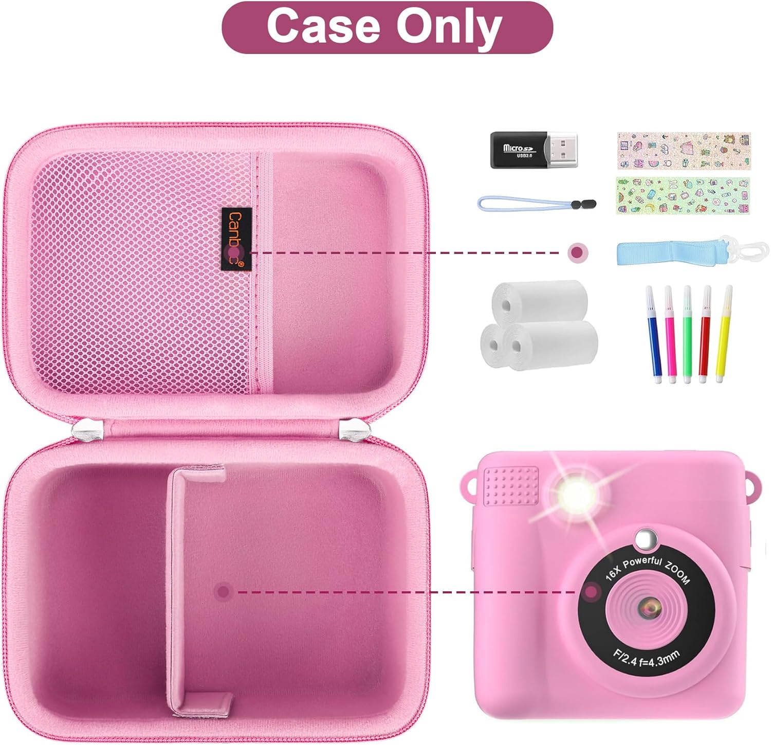 Canboc Camera Case Compatible with ESOXOFFORE/GKTZ/WEEFUN Instant Print Camera, Toddler Digital Video Cameras Bag fit Print Paper, Colorful Pen, USB Cable, Pink (Case Only)-2