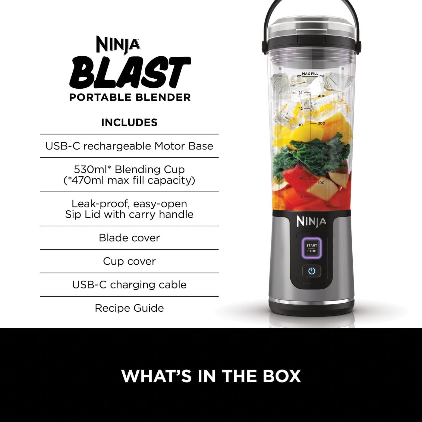 Ninja Blast Portable Blender, 530ml, Leakproof Lid & Sip Spout, Powerful Cordless Mini Blender, Rechargeable, Portable Smoothies, Protein Shakes, Blends Ice & Frozen Fruit, Black, BC151UKBK-1