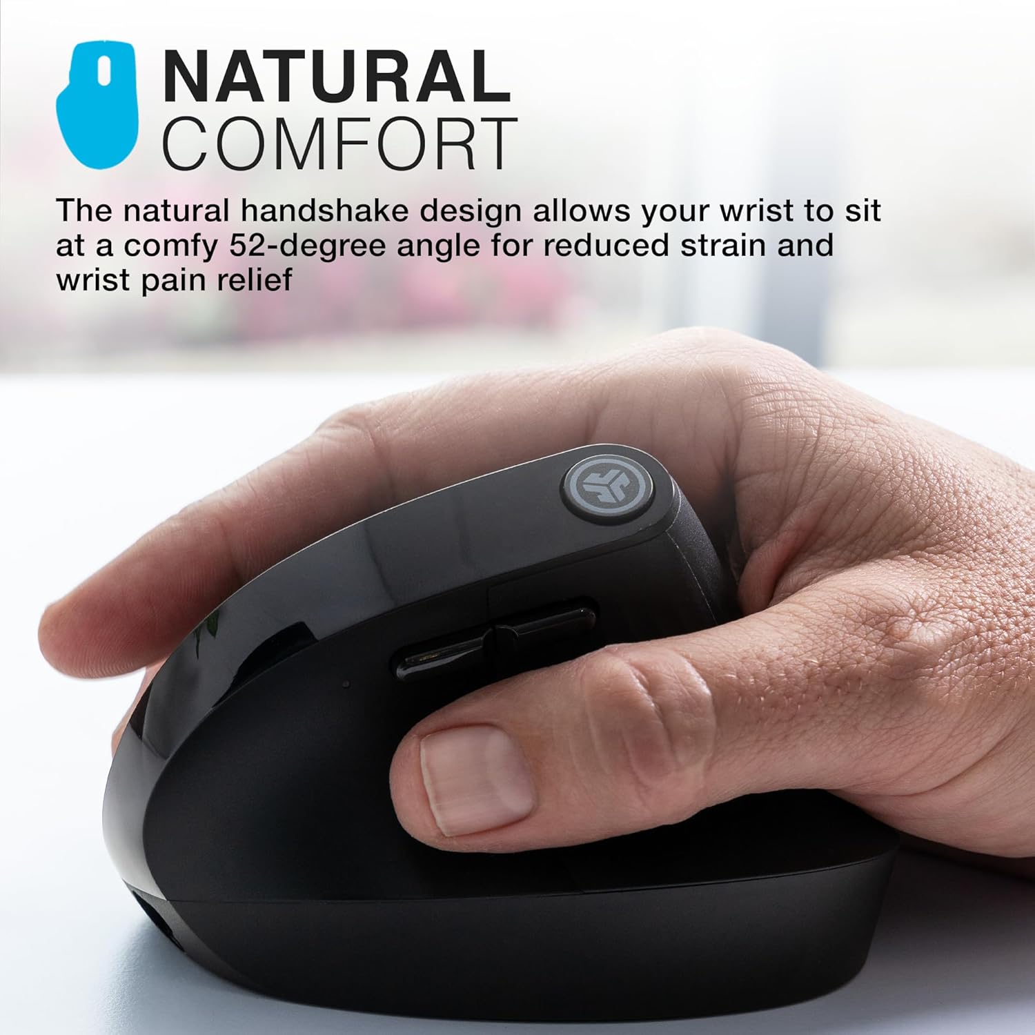 JLab JBuds Ergonomic Mouse, Connect via Bluetooth or USB Receiver, Multi Device Vertical Mouse, Silent Ergo Full-Size Rechargeable Wireless Mouse for Laptop Computer, Desktop PC, Tablet, Windows/Mac-1