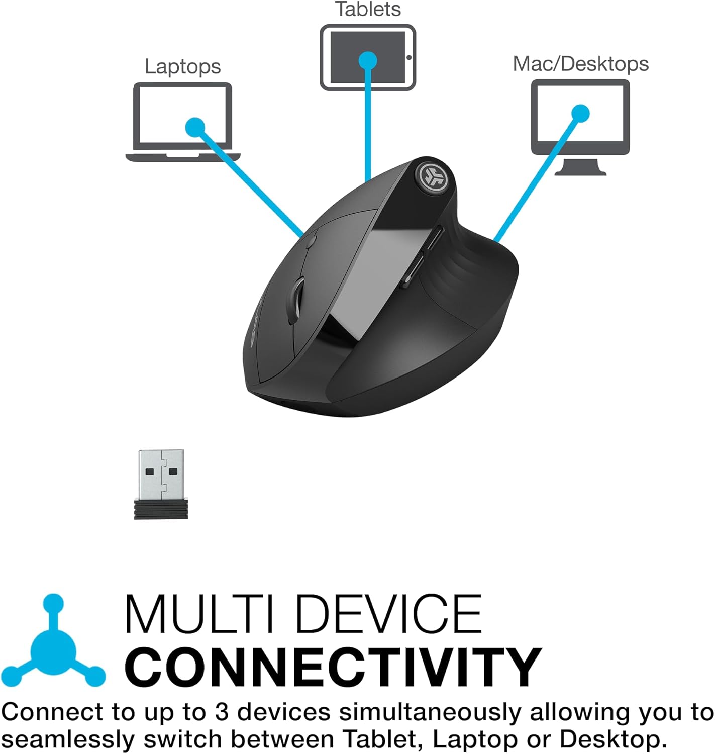 JLab JBuds Ergonomic Mouse, Connect via Bluetooth or USB Receiver, Multi Device Vertical Mouse, Silent Ergo Full-Size Rechargeable Wireless Mouse for Laptop Computer, Desktop PC, Tablet, Windows/Mac-2