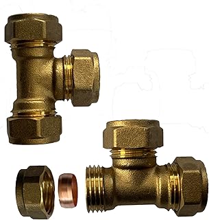 WRAS 15mm Compression Tee - Durable Brass Compression Tee Pipe Connectors for Copper Pipe, 15mm Compression Fitting, 15mm Tee - Pack of 2