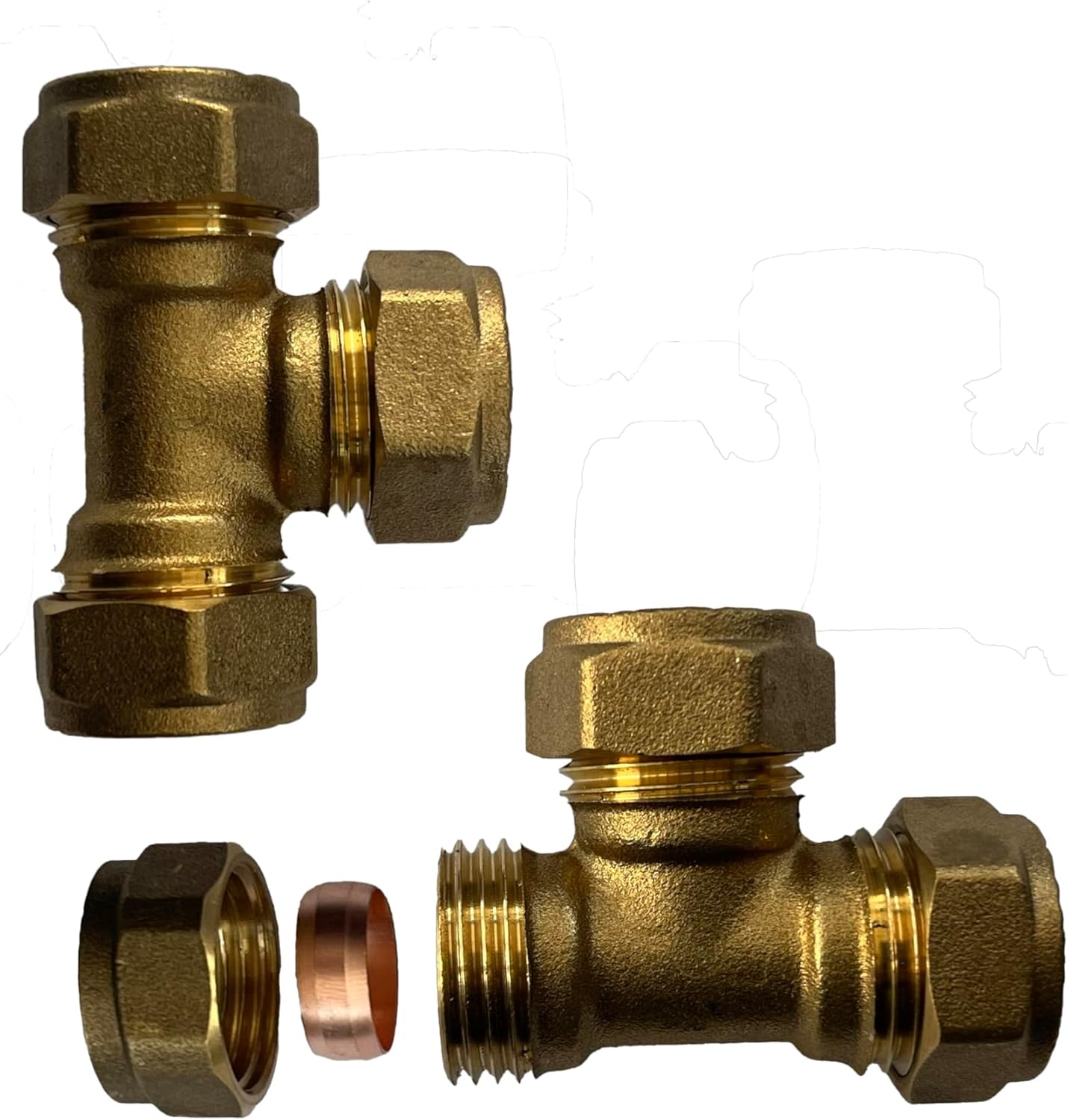 WRAS 15mm Compression Tee - Durable Brass Compression Tee Pipe Connectors for Copper Pipe, 15mm Compression Fitting, 15mm Tee - Pack of 2-0