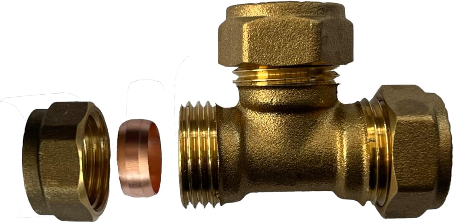 WRAS 15mm Compression Tee - Durable Brass Compression Tee Pipe Connectors for Copper Pipe, 15mm Compression Fitting, 15mm Tee - Pack of 2-5