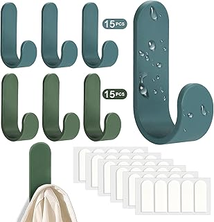 LUCKNIGHT 30 PCS Self-Adhesive Hooks J Shape Coat Hooks Plastic Adhesive Wall Hooks No Drilling Needed Wall Mount for Towels Keys Coats Robes Kitchen Bathroom Door (Blue + Green)