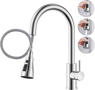 DAYONE Kitchen Mixer Tap with Pull Out Spray, SUS304 Stainless Steel Sink Taps Mixer with 3 Functions for Kitchen, 360° Swivel Single Handle High Arc Kitchen Faucet, Brushed Steel