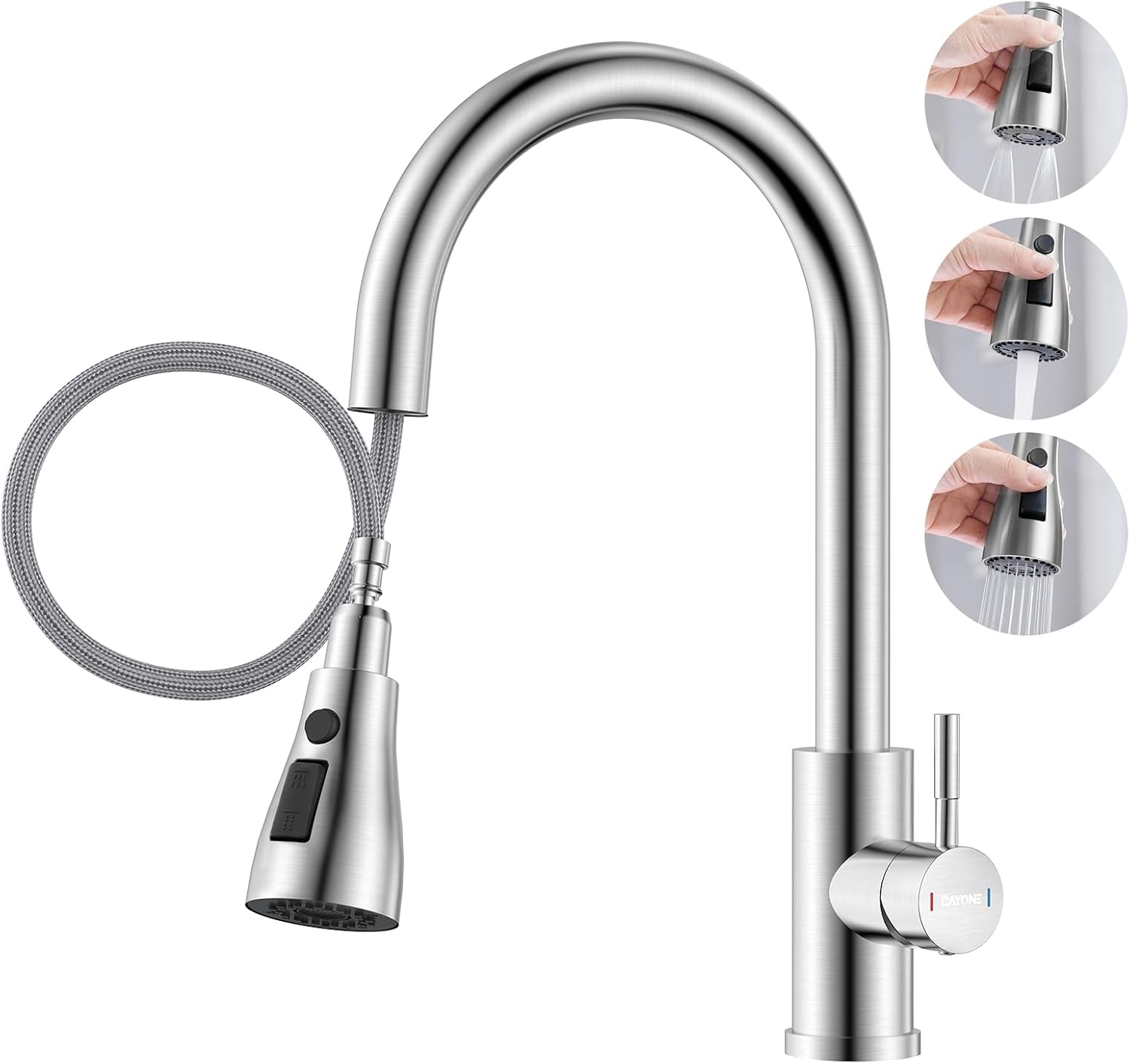 DAYONE Kitchen Mixer Tap with Pull Out Spray, SUS304 Stainless Steel Sink Taps Mixer with 3 Functions for Kitchen, 360° Swivel Single Handle High Arc Kitchen Faucet, Brushed Steel-0