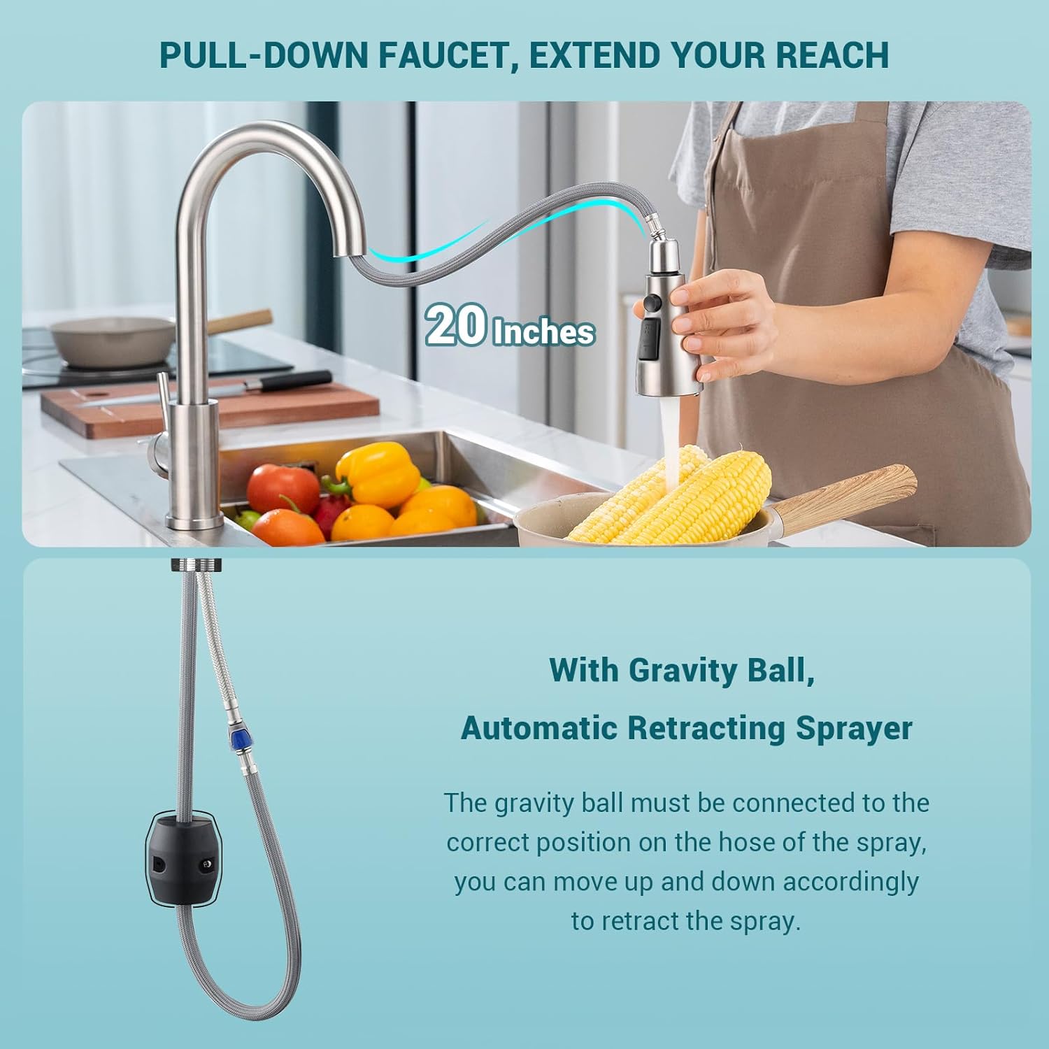 DAYONE Kitchen Mixer Tap with Pull Out Spray, SUS304 Stainless Steel Sink Taps Mixer with 3 Functions for Kitchen, 360° Swivel Single Handle High Arc Kitchen Faucet, Brushed Steel-3