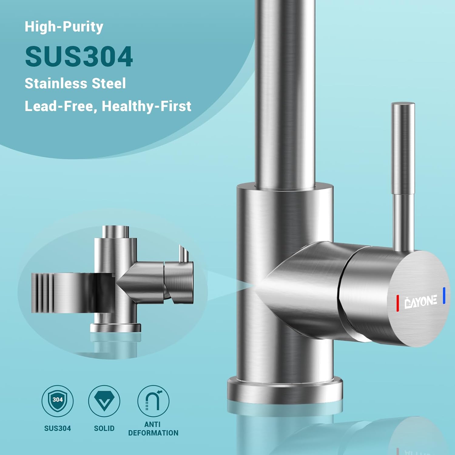 DAYONE Kitchen Mixer Tap with Pull Out Spray, SUS304 Stainless Steel Sink Taps Mixer with 3 Functions for Kitchen, 360° Swivel Single Handle High Arc Kitchen Faucet, Brushed Steel-6