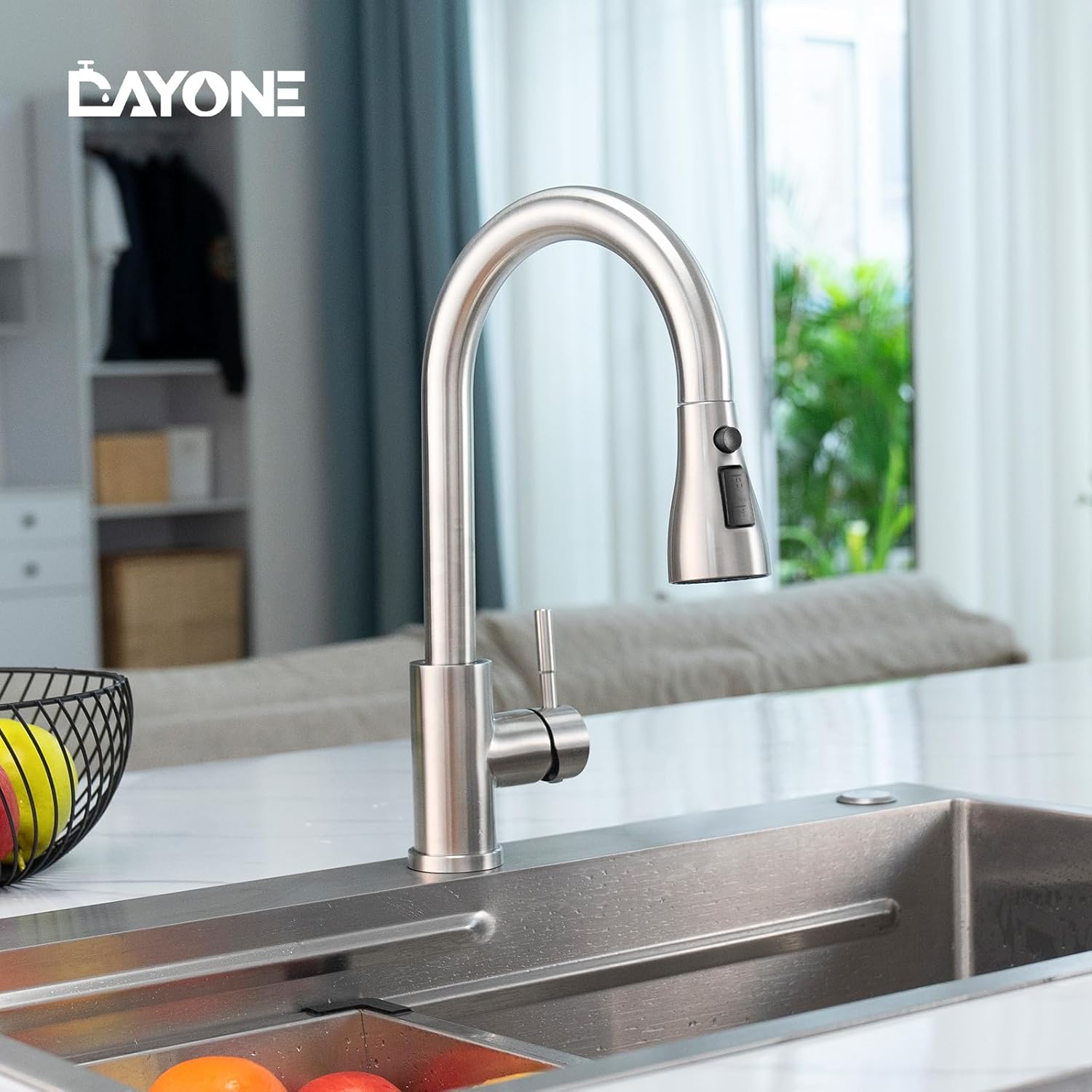 DAYONE Kitchen Mixer Tap with Pull Out Spray, SUS304 Stainless Steel Sink Taps Mixer with 3 Functions for Kitchen, 360° Swivel Single Handle High Arc Kitchen Faucet, Brushed Steel-7