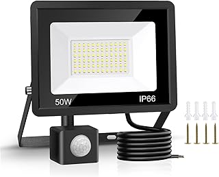 Jsdoin 50W Security Lights Outdoor Motion Sensor 4500 Lumen PIR Security Light 6500K LED Floodlights IP66 Waterproof Outside Daylight Wall Light with 2M Cable for Garage Garden Hallway Backyard