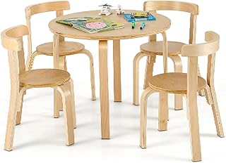 Maxmass Kids Table and Chairs Set, Solid Wood Children Table and 4 Stackable Chairs with Non-slip Foot Pads, 5-Piece Toddlers Furniture Set for Living Room, Playroom, Kindergarten (Natural)