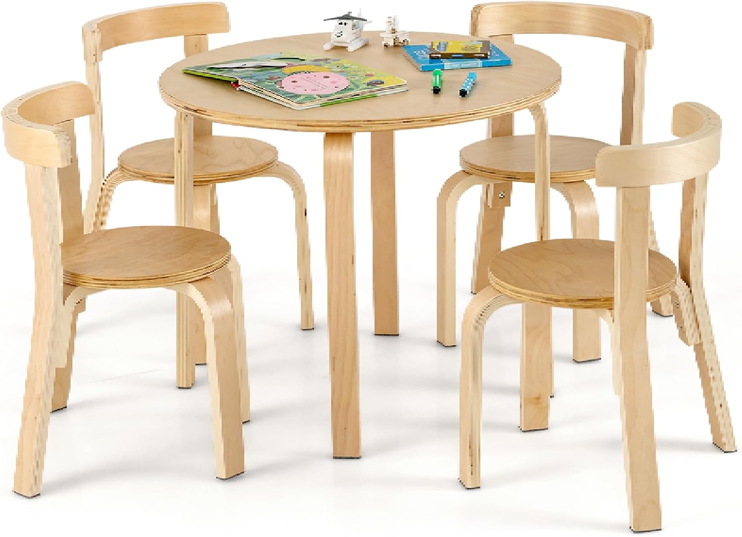 Maxmass Kids Table and Chairs Set, Solid Wood Children Table and 4 Stackable Chairs with Non-slip Foot Pads, 5-Piece Toddlers Furniture Set for Living Room, Playroom, Kindergarten (Natural)-0