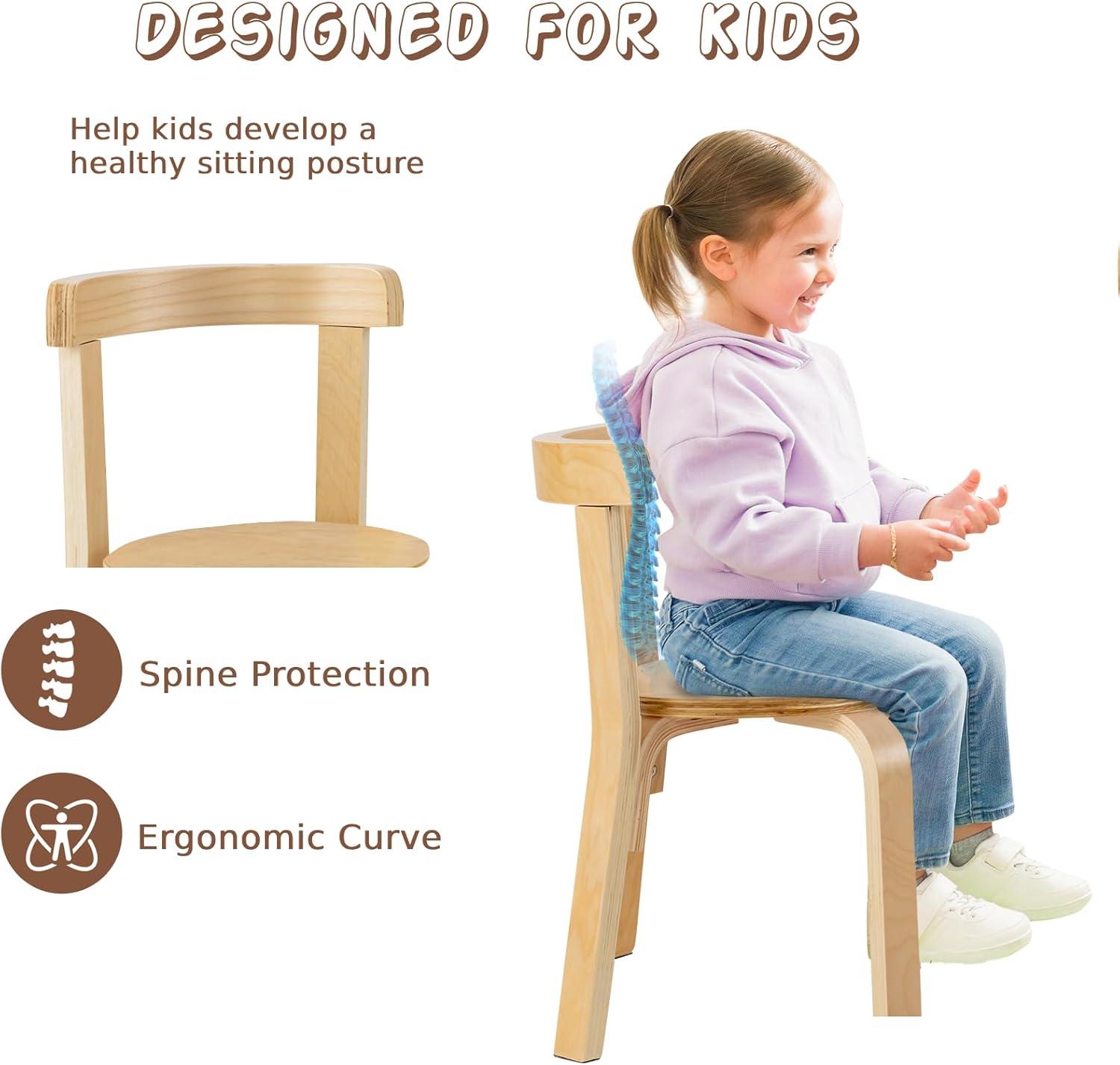 Maxmass Kids Table and Chairs Set, Solid Wood Children Table and 4 Stackable Chairs with Non-slip Foot Pads, 5-Piece Toddlers Furniture Set for Living Room, Playroom, Kindergarten (Natural)-2